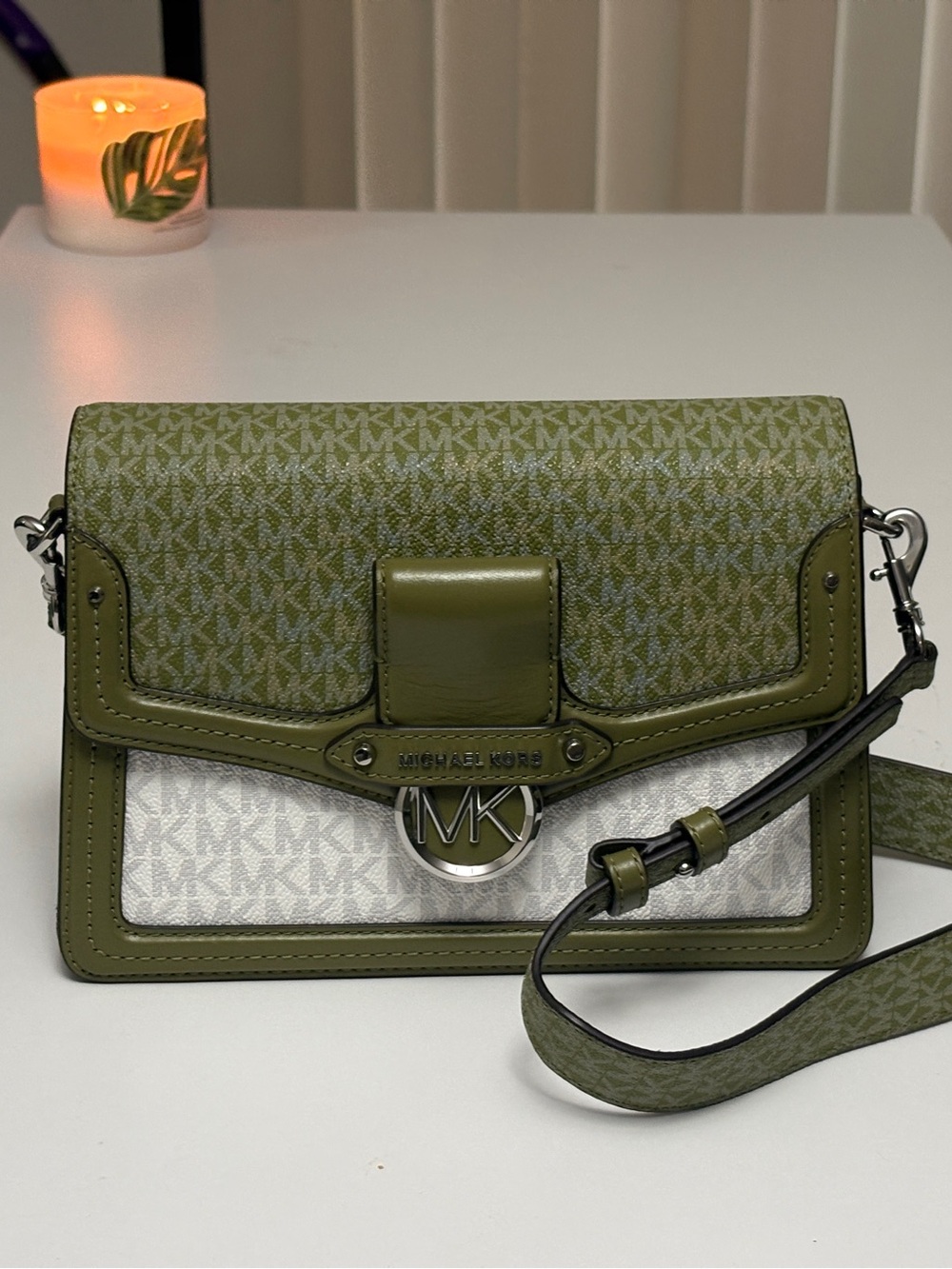 Michael Kors Olive Green and White Logo Crossbody Bag